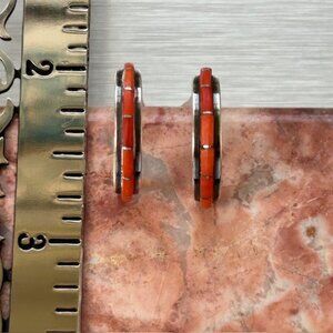 Vintage Dainty Hoop Earrings, Sterling Silver with inlay Coral